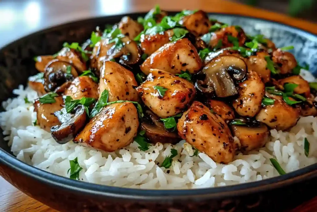 Black Pepper Chicken With Mushrooms Recipe served hot with rice